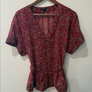 GAP Red and Black Paisley V-Neck Blouse
